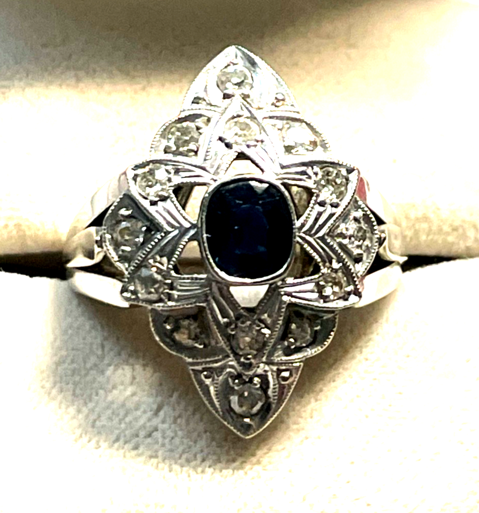 750 Gold Ring Weißgold Art Déco 14 Altschliff Brillanten + Saphir Juwelier5