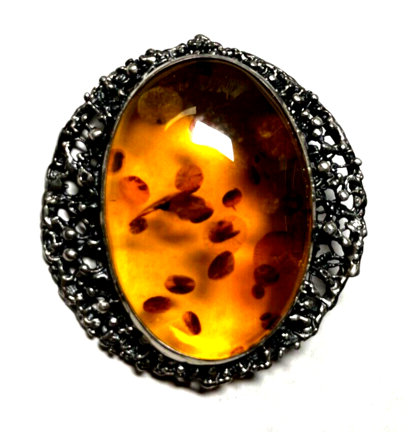 925 Silber Brosche Designer Anstecknadel / Anhänger Bernstein Cabochon Inklusen12
