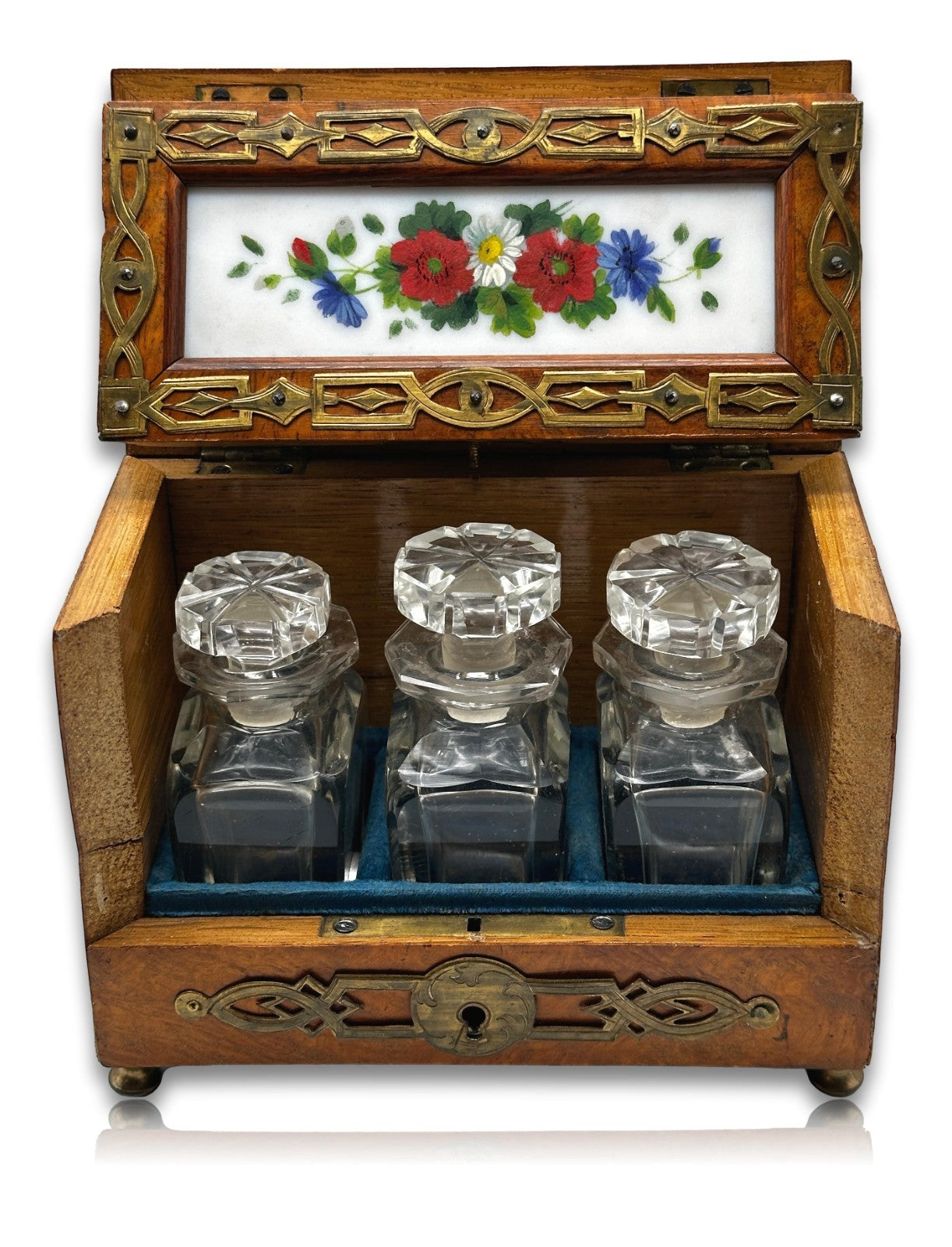 Jugendstil - Reisetantalus um 1900 Nussfurnier Messing Porzellan 3 Flakons antik0