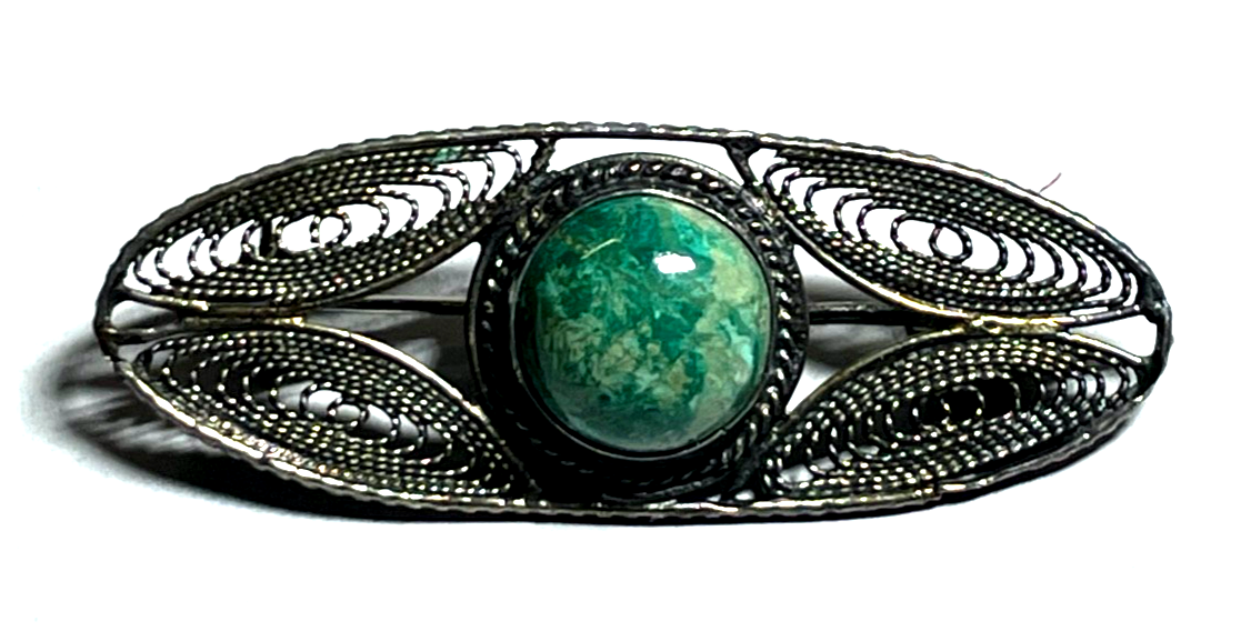 Vintage filigrane 930 Silber Brosche mit rundem Eilat Cabochon Handarbeit0