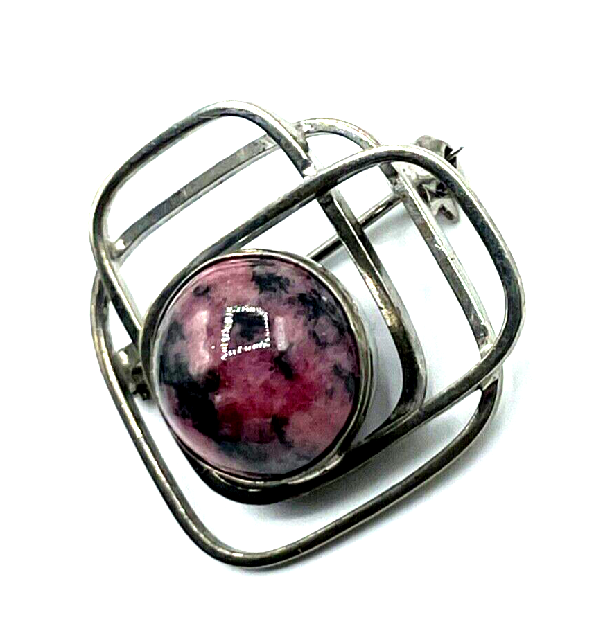 70er J Design 925 Silber Anstecknadel Handarbeit Rhodochrosit Cabochon rund0