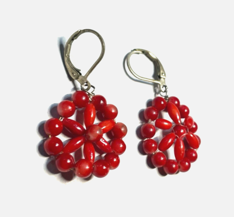 Vintage handgefertigte rote Koralle Ohrringe Ohrhänger gepflegt Ø 22 mm2