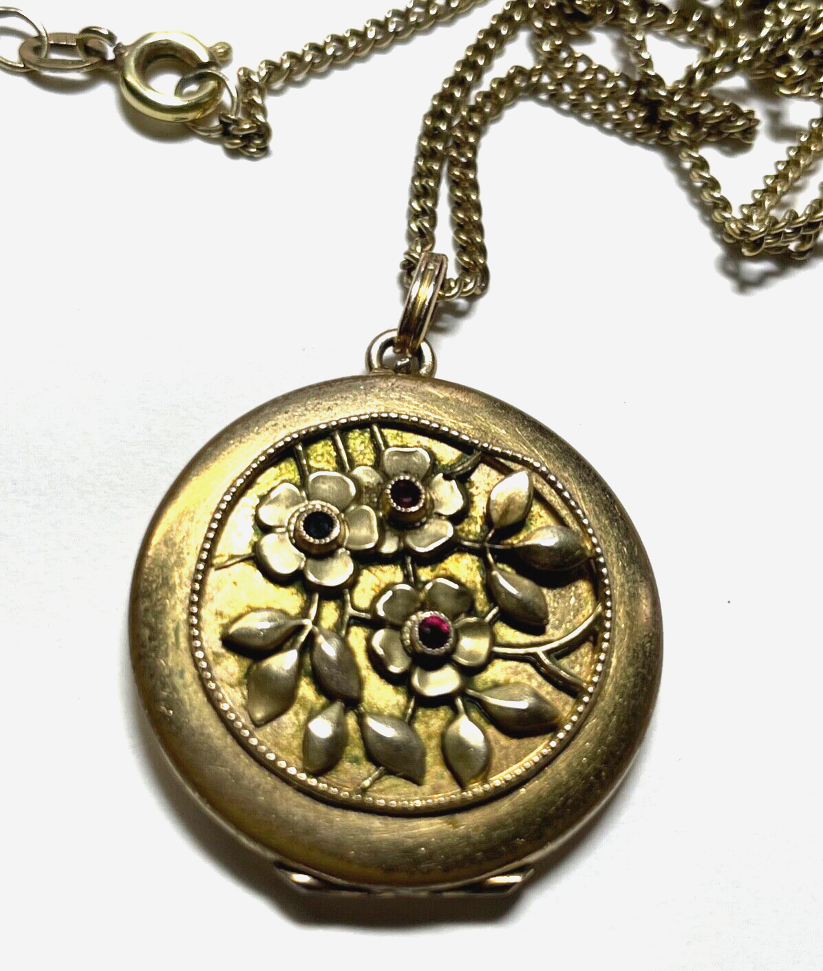 Antik Medaillon Anhänger Golddouble Farbsteine + Kette um 1900 Edelweiß Inlay1