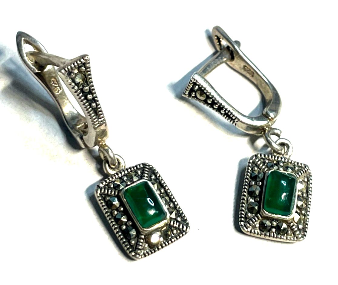 Solide 925 Silber Ohrringe Ohrhänger grüner Farbstein + Markasit im Antikstil0