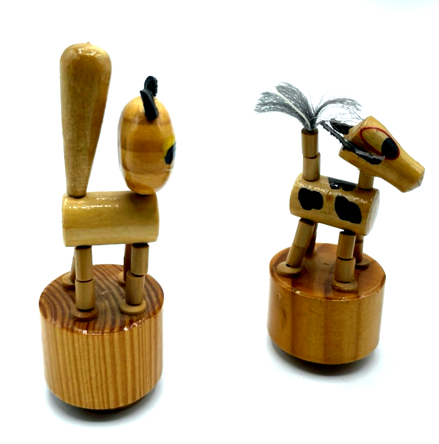 2x vintage Holzspielzeug Wackelfigur Drückfigur alte Werbung 70er J Katze + Kuh2