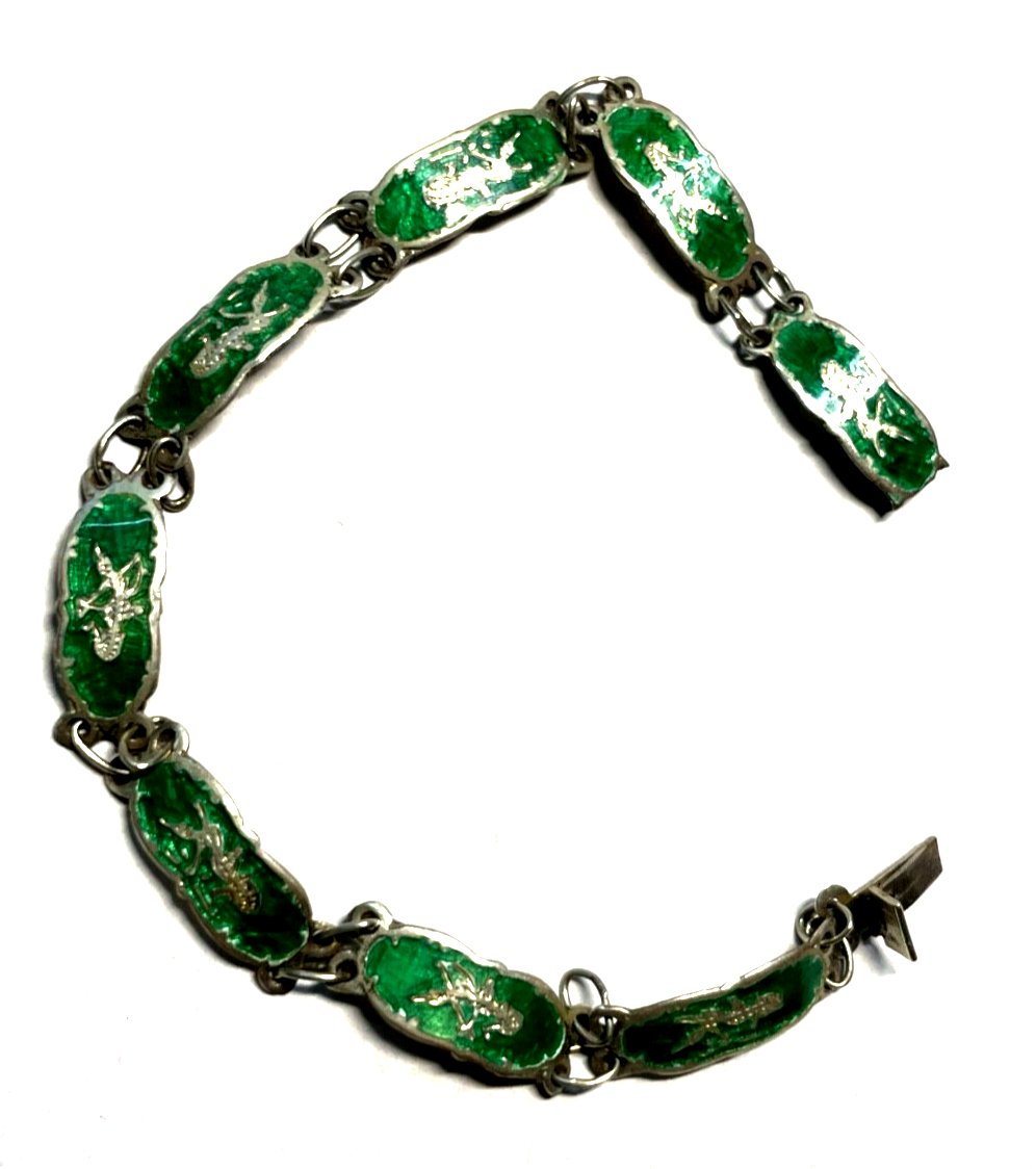 Vintage Siam Sterling Armband grüne Emaille Technik feines Dekor gepfl. L 17,5cm3