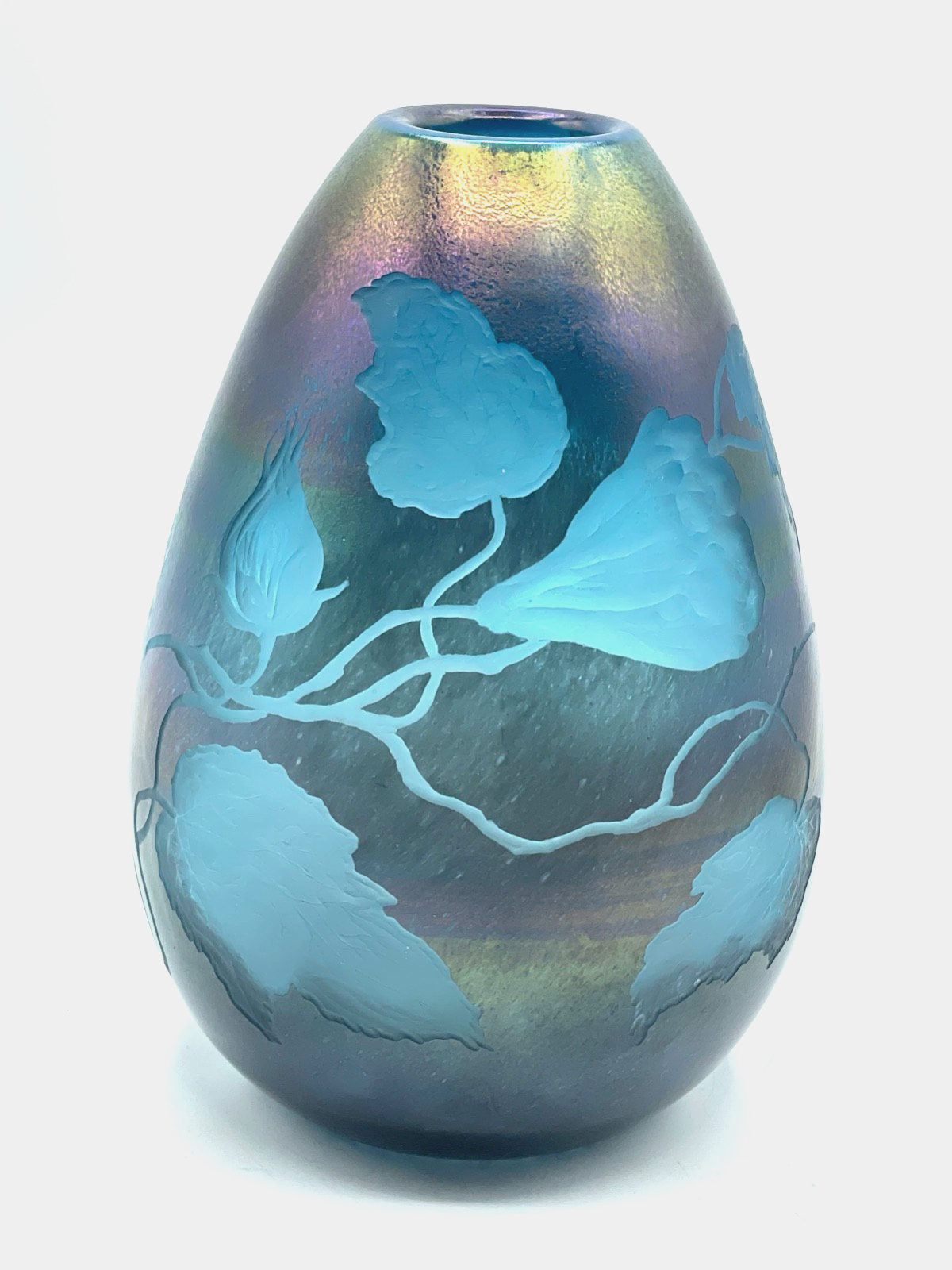 Attraktive Glaskunst Vase Schmid - Jacquet signiert irisierend + geätzte Blumen3