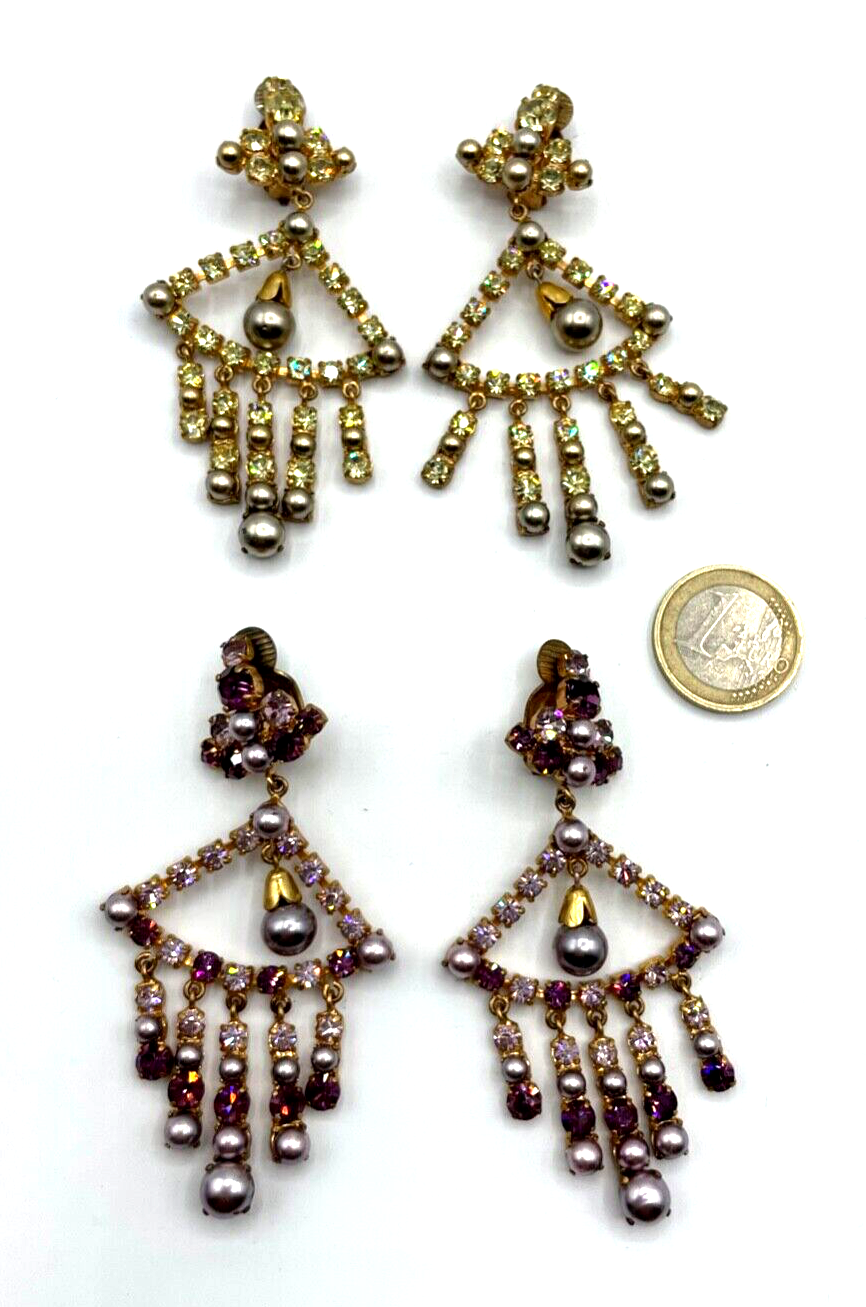 2 Paar vintage prächtige Strass Ohrhänger Clips Hollywood Glamour 50er Jahre3