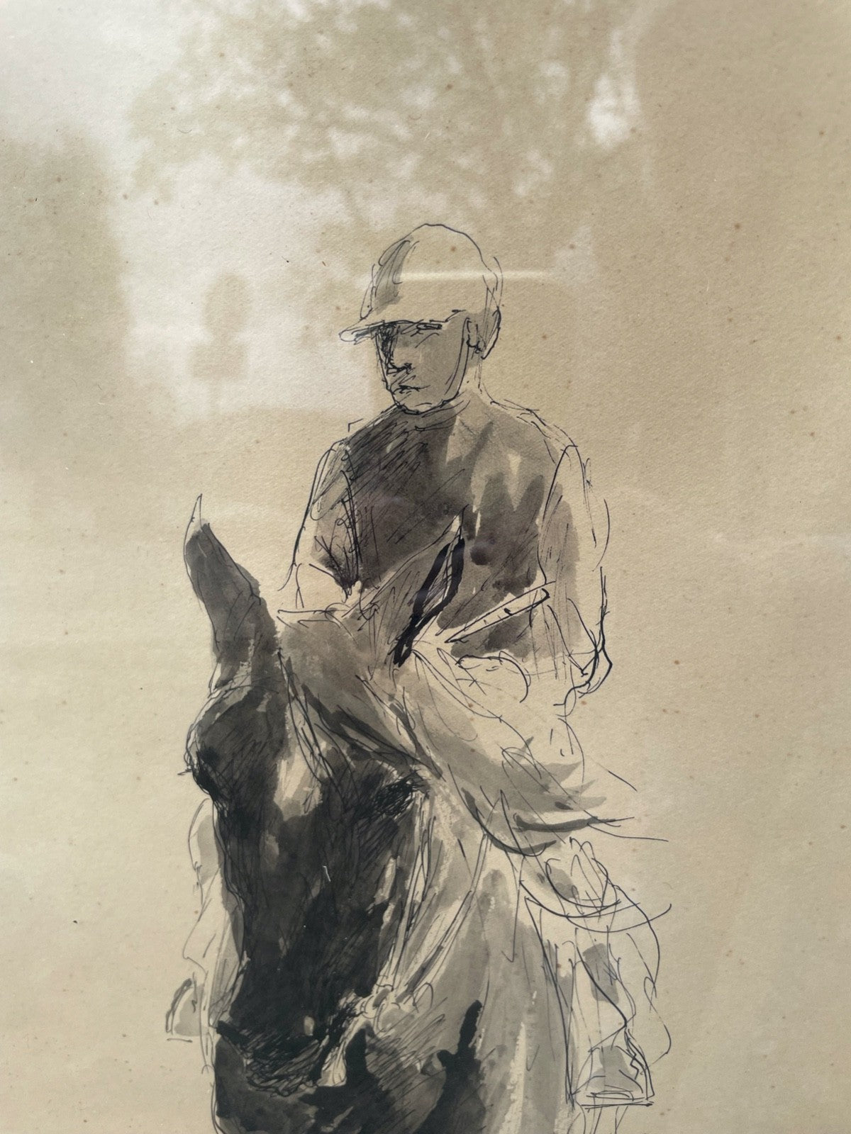 Otto Dill lavierte Tusche Zeichnung Pferd mit Jockey 1945 gerahmt  49 x 34,5 cm2