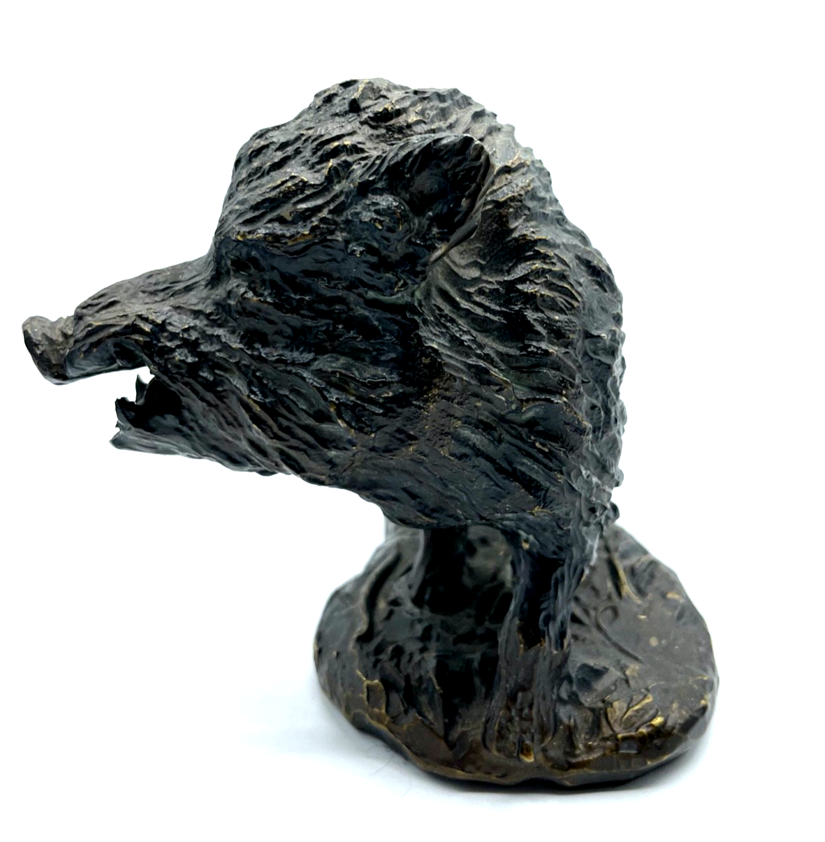 * Vintage Tierplastik Bronze Metallguß Wildsau Wildschwein Keiler Figur Patina3