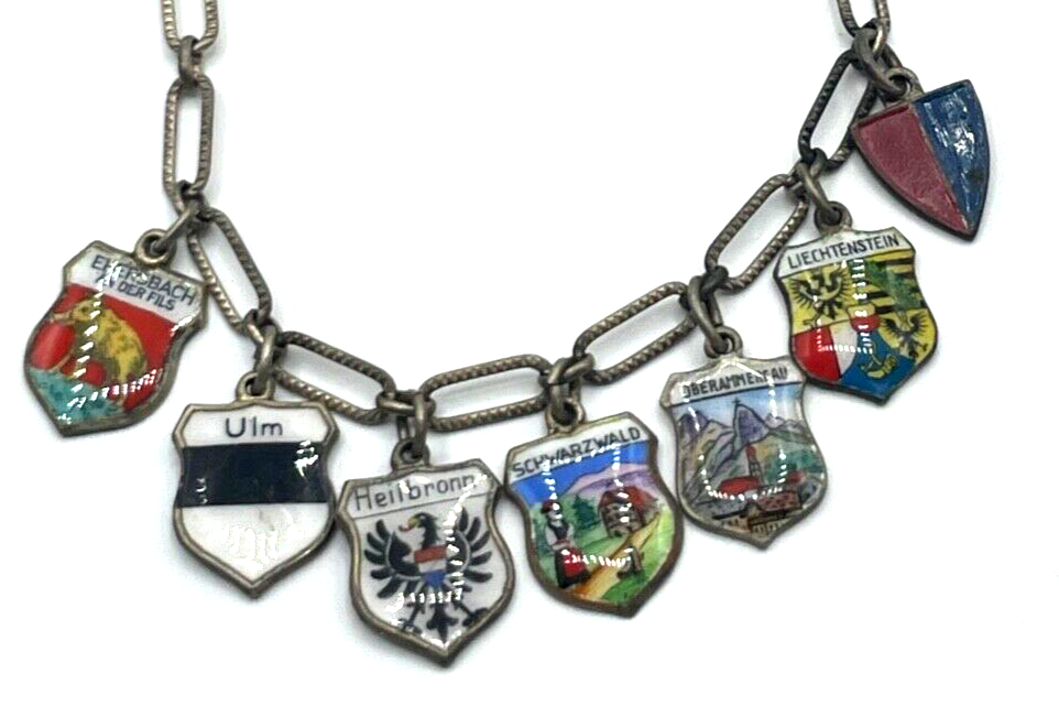 Vintage Silber Bettelarmband Stadtwappen 7 Reiseandenken Emaille erweiterbar1