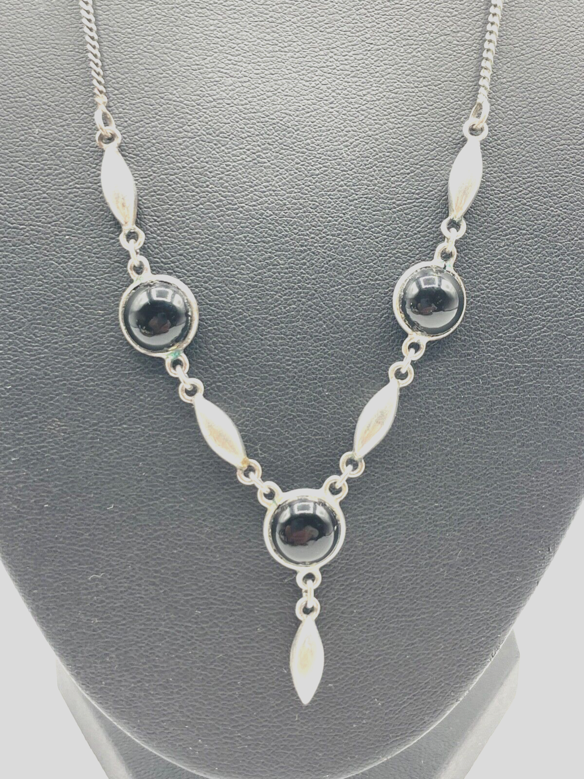 925 Sterling Silber Kette Collier mit 3x Onyx Cabochon Handarbeit sehr apart2