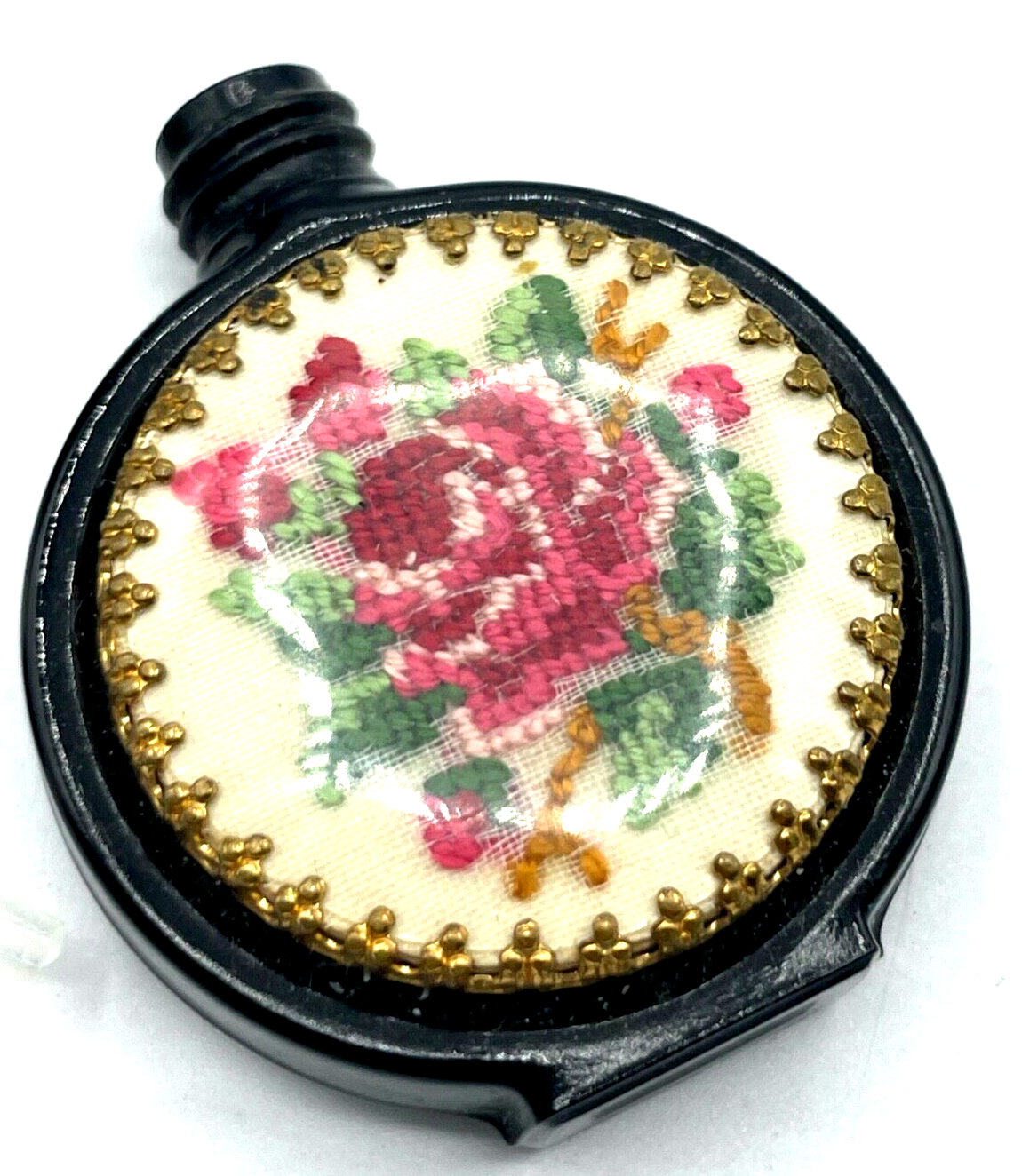 Vintage Parfüm Flakon Glas mit Petit Point Stickerei aus den 50erJ Handarbeit6