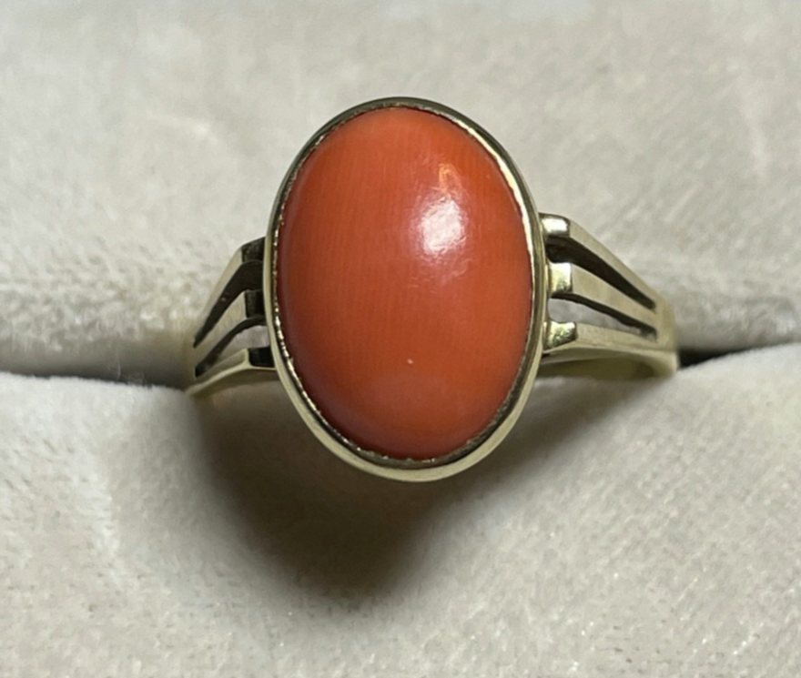 Solider 585 Gold 14 K Ring 19 mm RG 60 Natur Lachs Koralle Cabochon Juwelier1