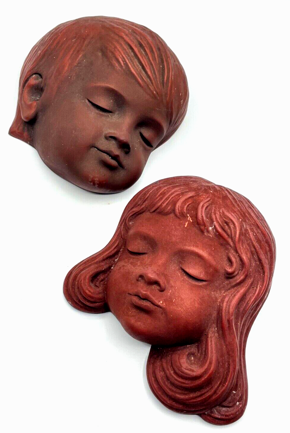 Paar vintage Achatit Wandmaske Junge + Mädchen Kinder 2 Masken 50er 60er Jahre0