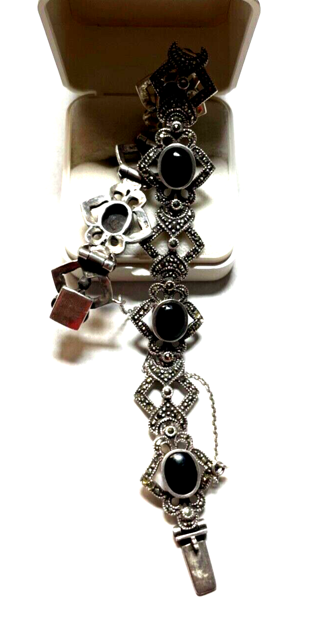 Traumhaftes solides 925 Silber Armband Handarbeit schwarzer Onyx + Markasit2