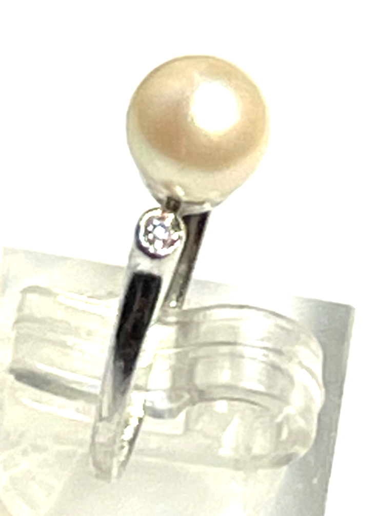 Klassiker 333 Gold 8 K Ring 18 mm RG 57 Akoya Perle 2 Diamanten Weißgold gepfl.4