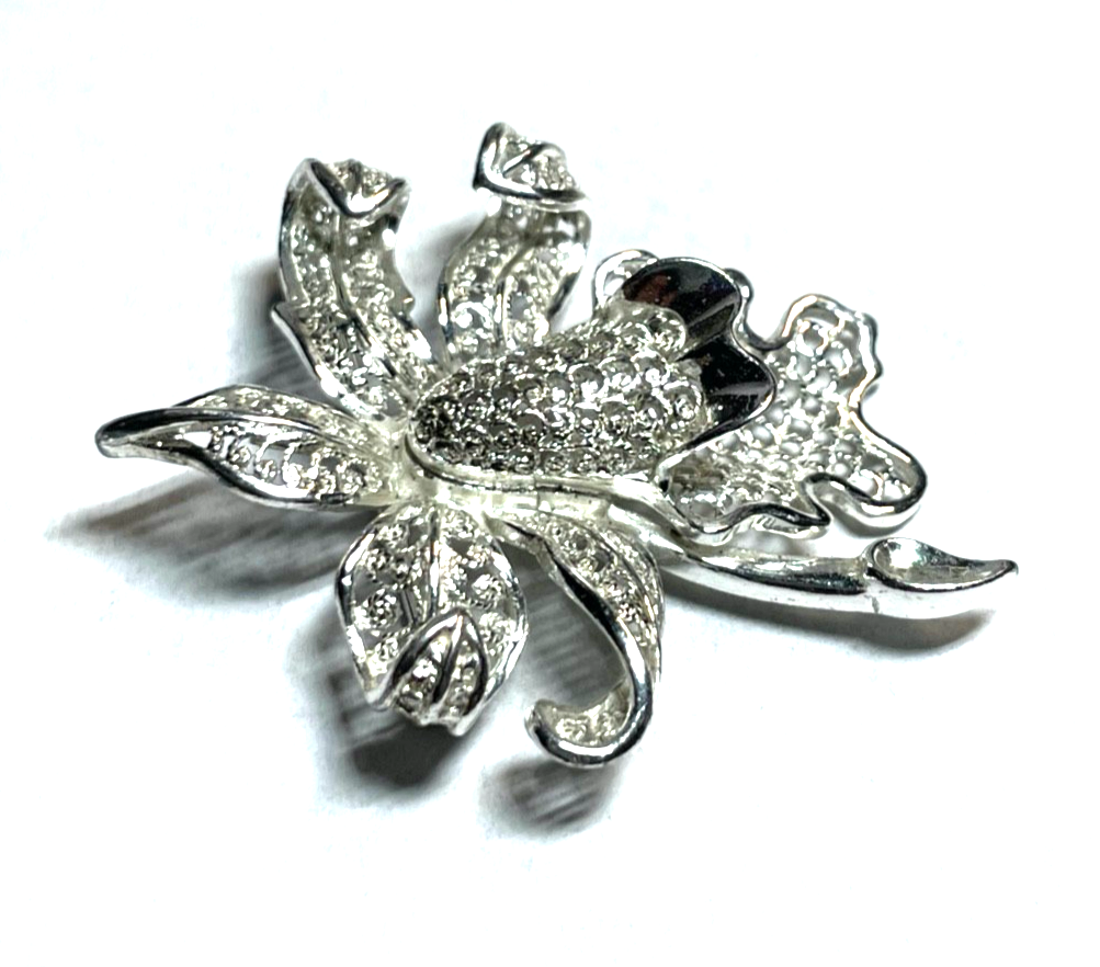 Antik 800 Silber Brosche Anstecknadel Filigransilber Handarbeit Orchidee gepfl.5