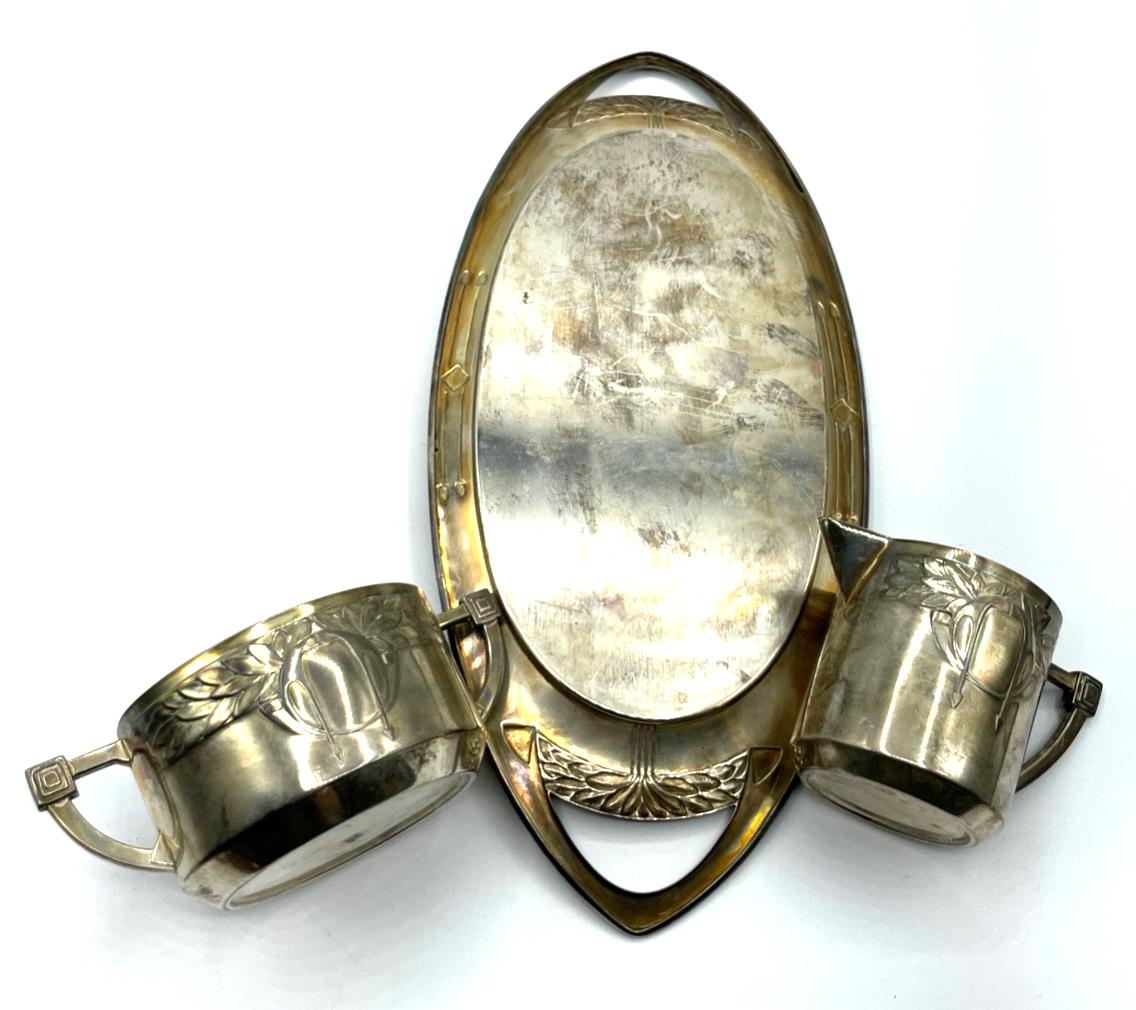 Jugendstil 3er Set Metall versilbert Tablett + Milchschütte + Zuckertopf gepfl.6