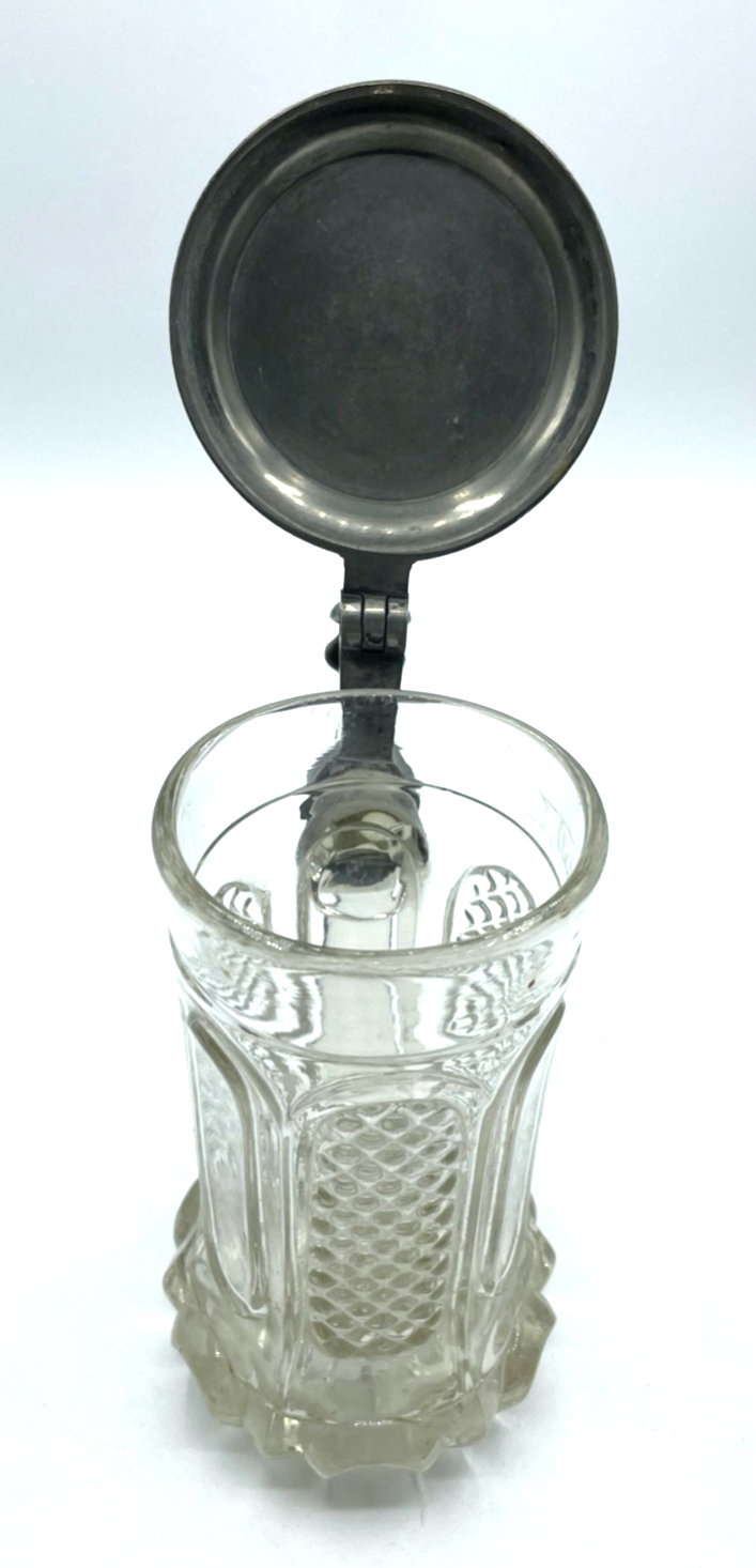 Gepflegter antik Pressglas Bierkrug Weinkrug Zinndeckel Bacchus Motiv 0,4 ltd.6
