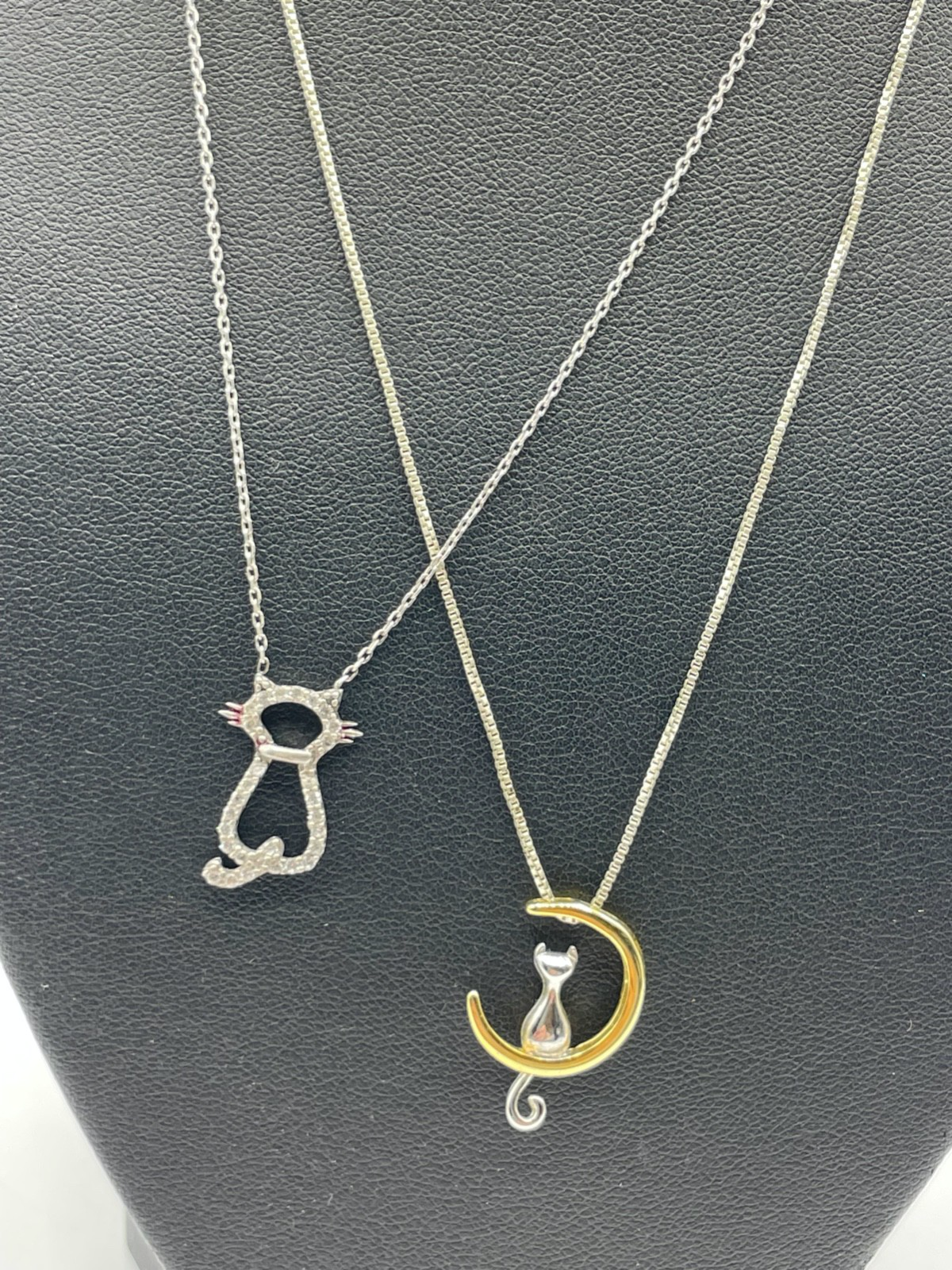 2 x 925 Silber Halskette mit verschiedene Katze Anhänger Katzenfreund Schmuck1