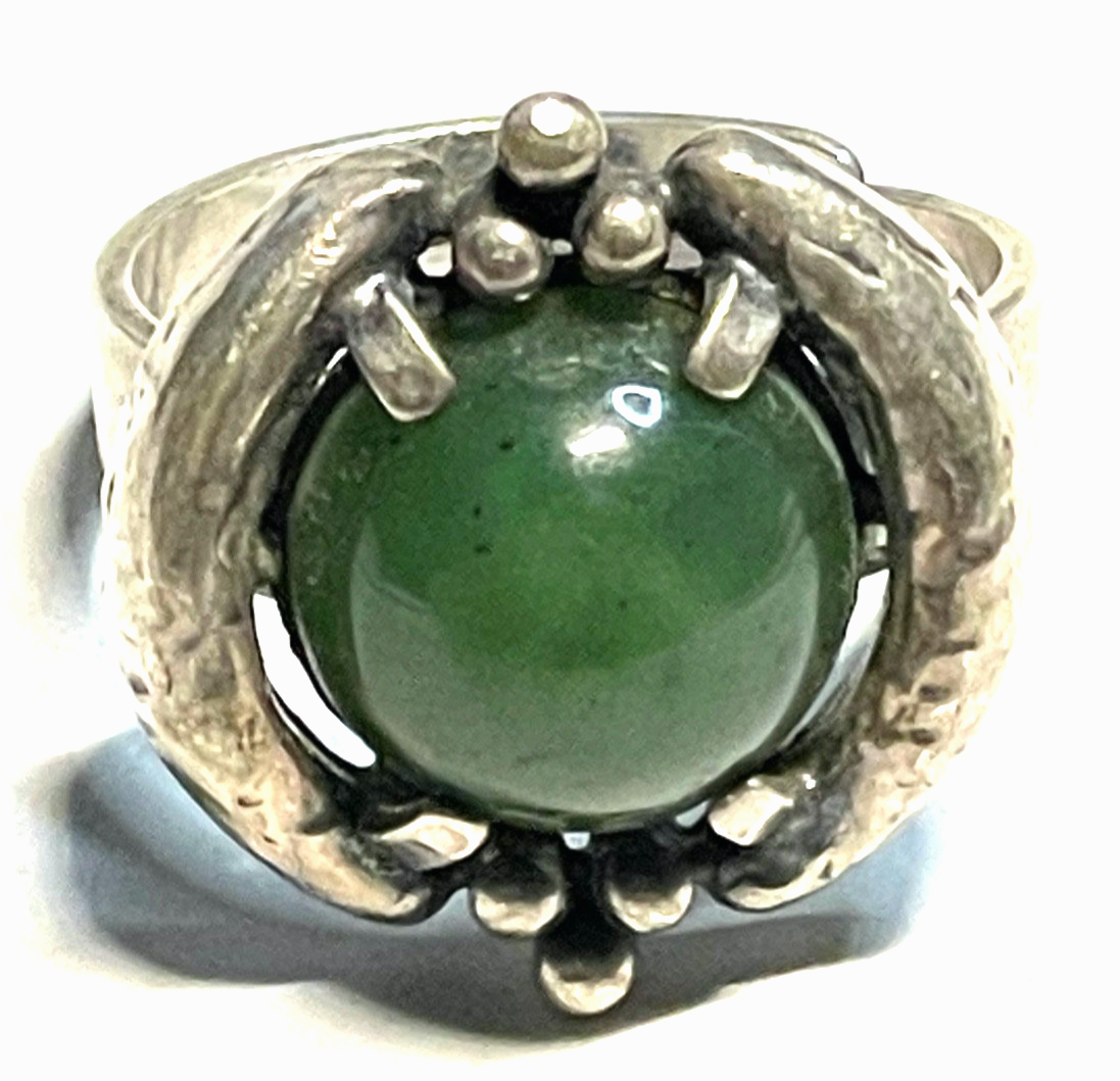 Brutalist Modernist 70erJ Silber Ring TEKA Design grüne Jade offene Ringschiene0