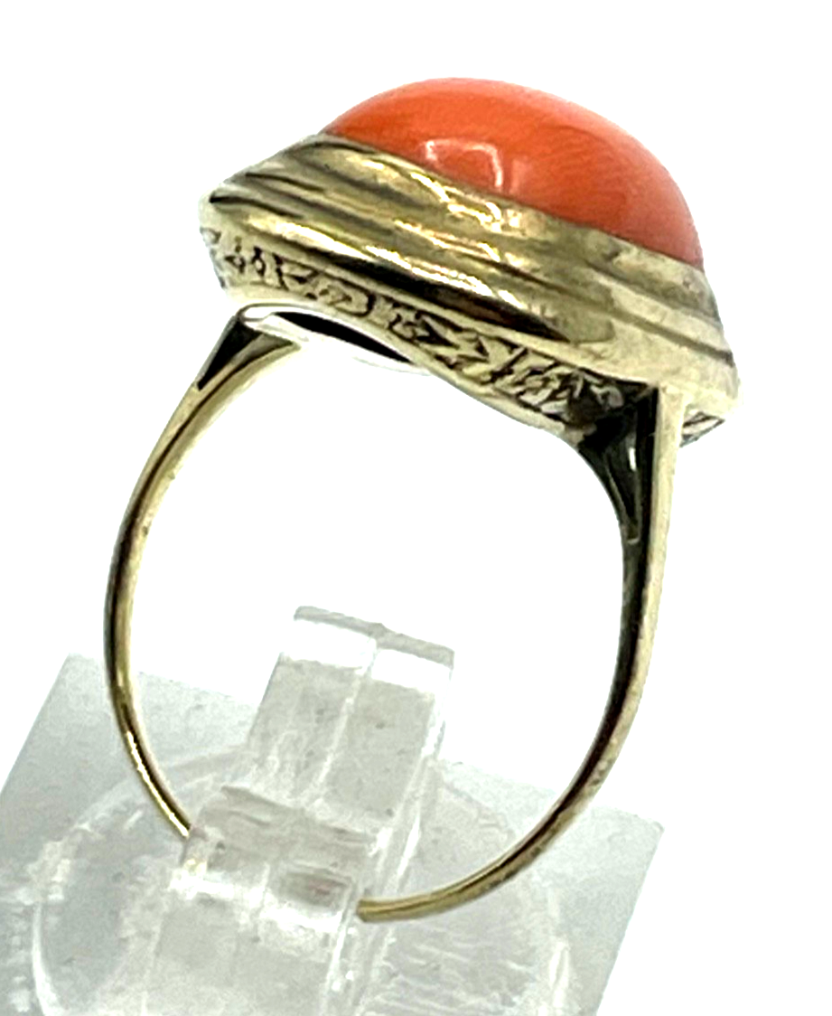 20er Jahre 585 Gold 14 K antik Ring Lachskoralle Koralle Cabochon RG 51 Ø 16 mm7