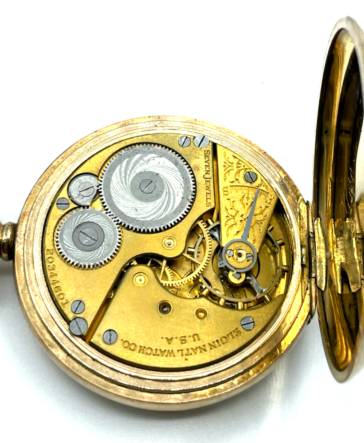 Antik HTU Herren Taschenuhr Elgin USA Golddouble + Glassturz TU Ständer läuft10