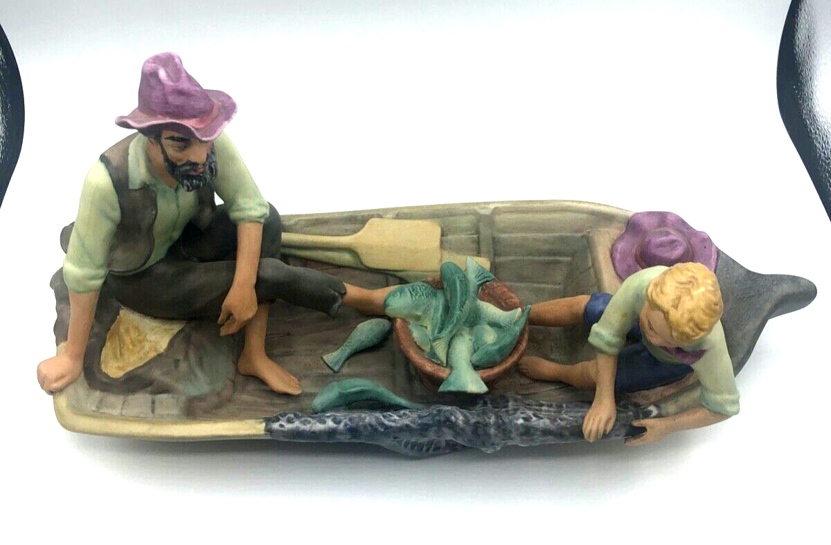 Stattliche Porzellan Figur Vater Sohn Fischer Boot Biskuit handbemalt L 39 cm7