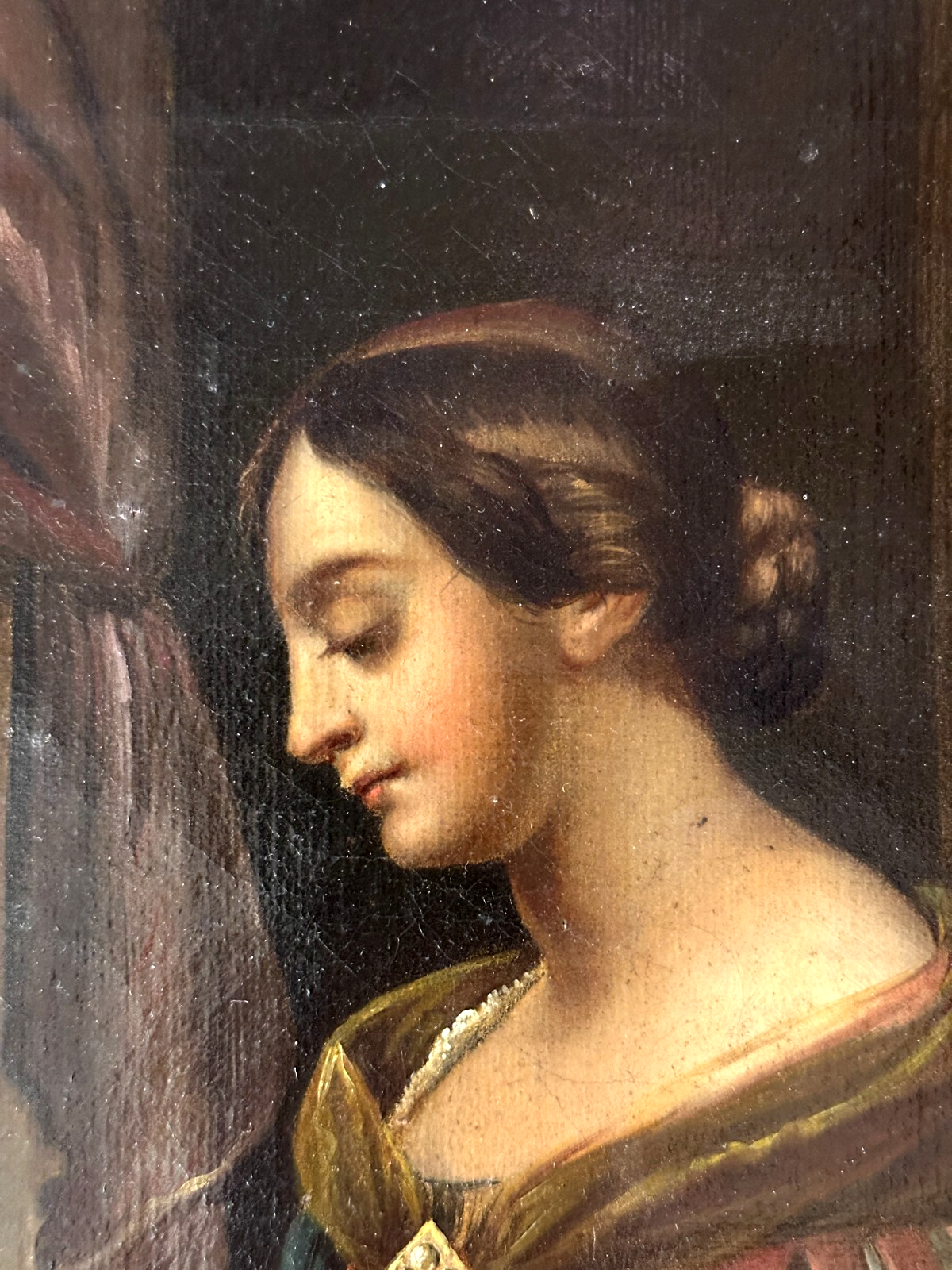 Antikes Ölgemälde auf Leinwand -  Dame am Klavier - um 1860 - Goldrahmen2