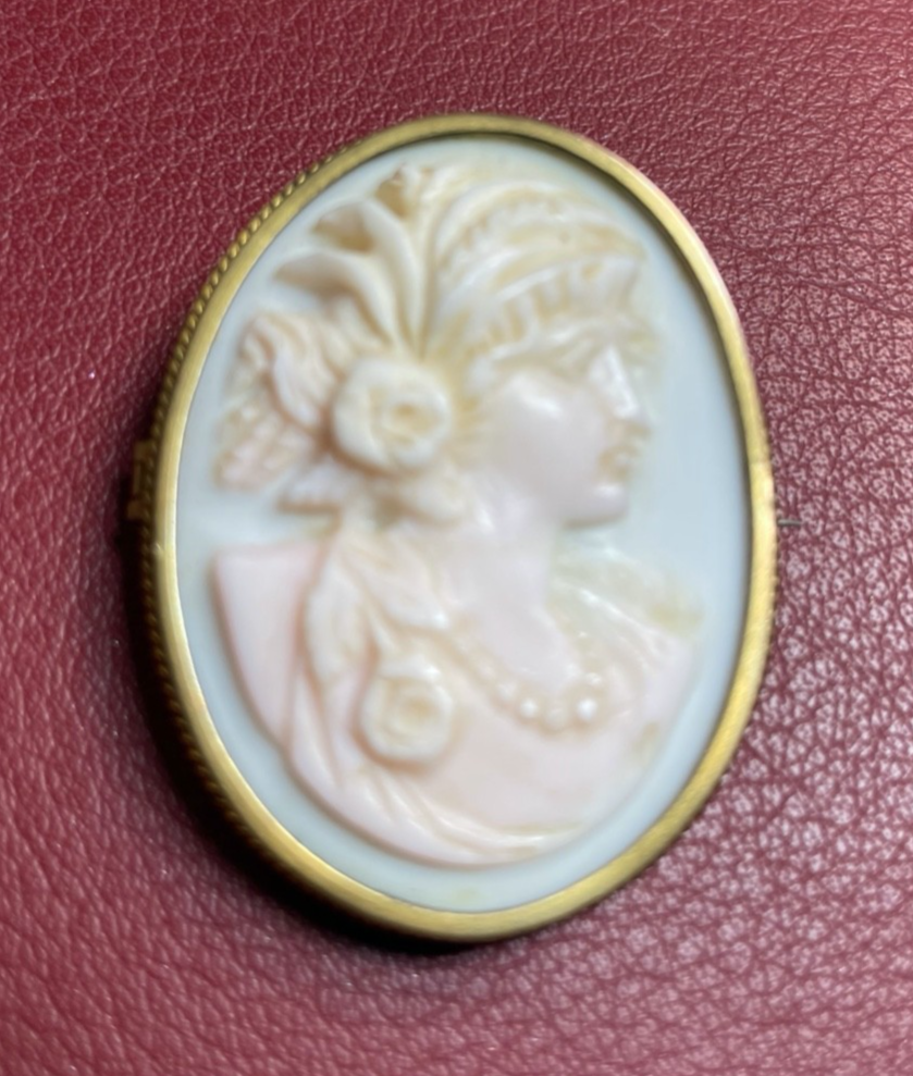 Antik Engelshaut  Korallen  Gemme vor 1900 Cameo Brosche feine Handarbeit gepfl.1