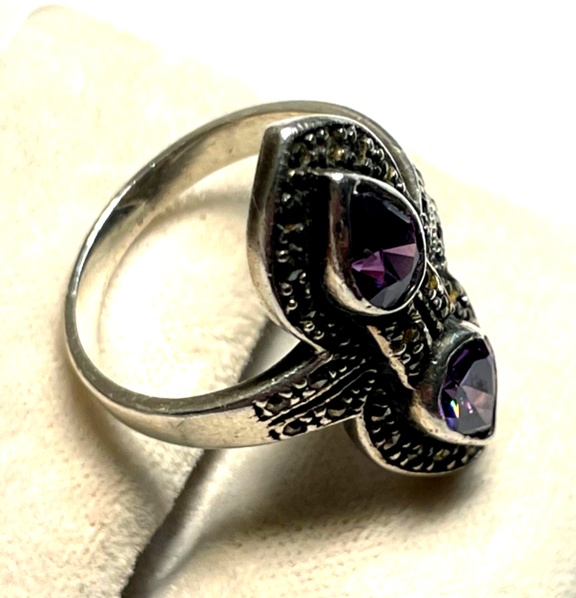 925 Silber Ring mit Amethyst + Markasit antikstil  RG 53 Ø 17mm6