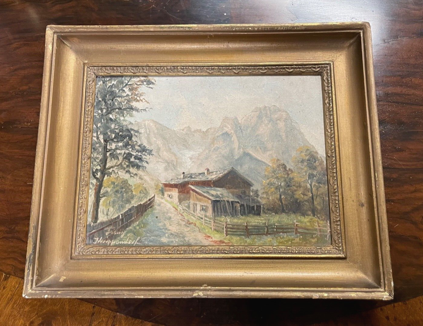 Ölgemälde Franz Krippendorf 1907-1982 alpenländische Kate vor Gebirge Landschaft7