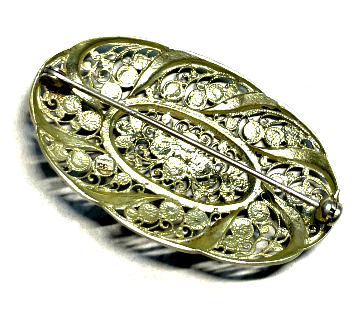 Antik 835 Silber Brosche Jugendstil filigrane Handarbeit Markasit Besatz vergold5