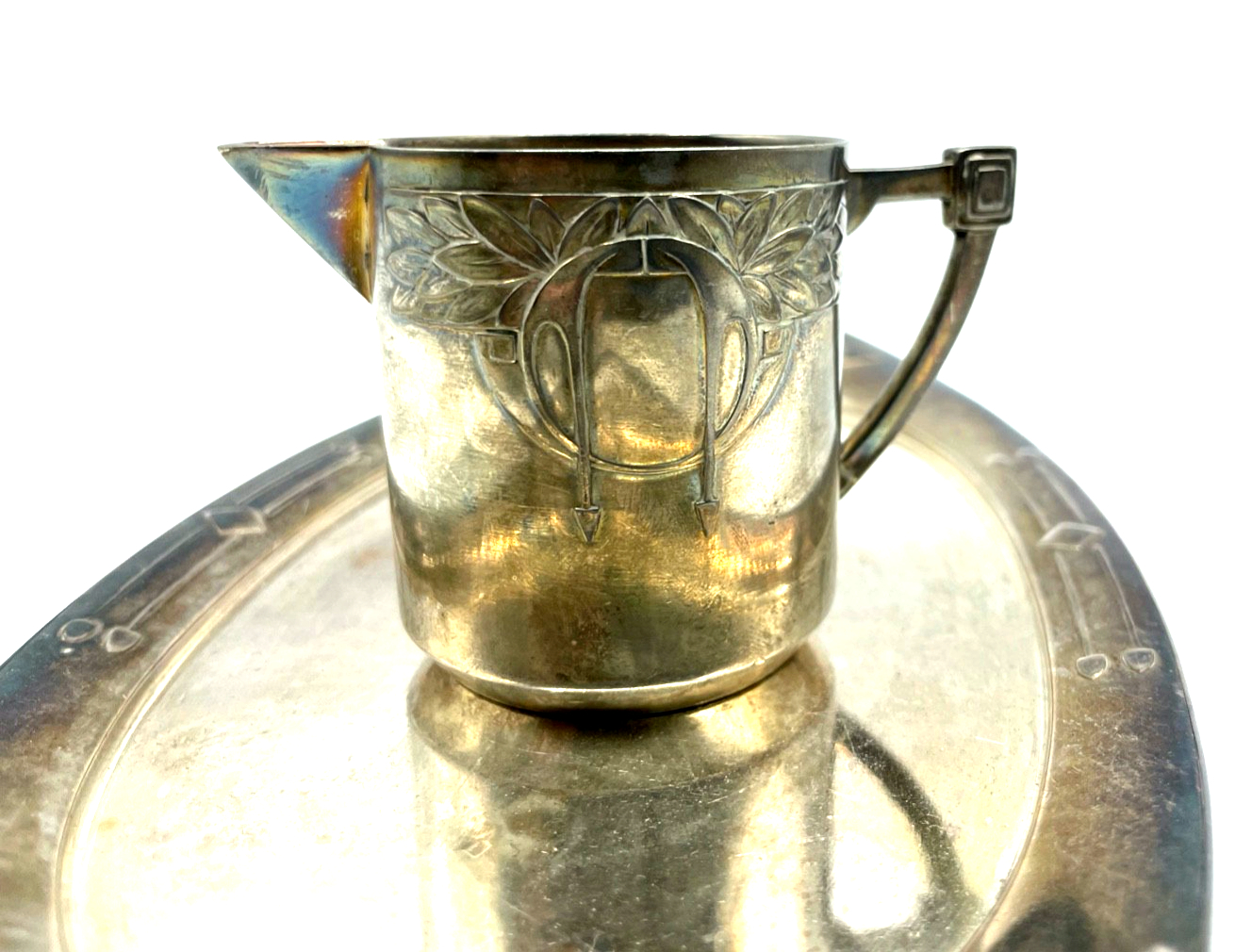 Jugendstil 3er Set Metall versilbert Tablett + Milchschütte + Zuckertopf gepfl.5