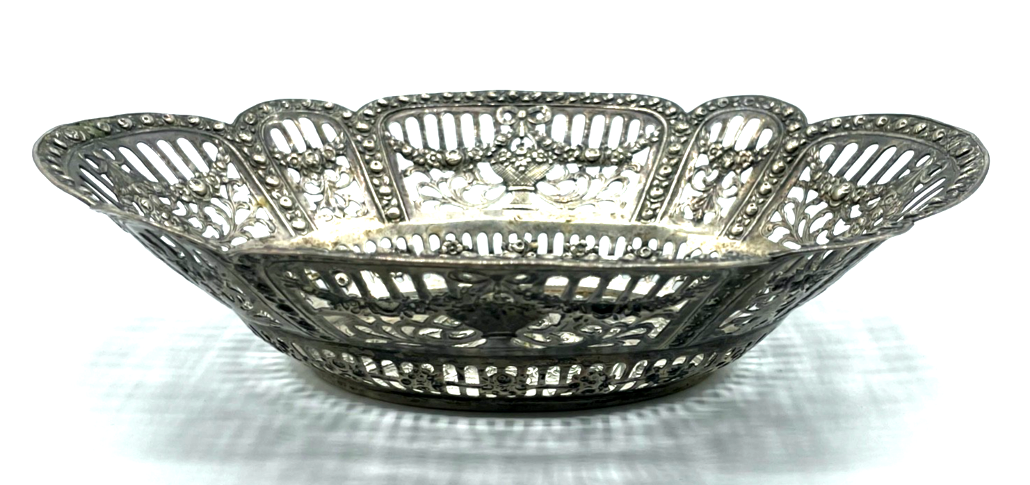 Antik 800 Silber Körbchen Anbietschale Durchbruch Putten Rosen Dekor L 21,2 cm6