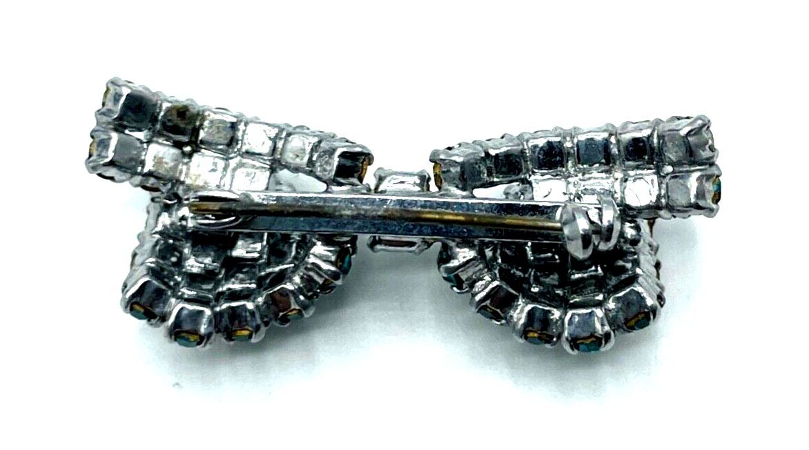 Alte Strass Schleife Brosche Fb. Petrol + Transparent Glas Anstecknadel gepflegt3