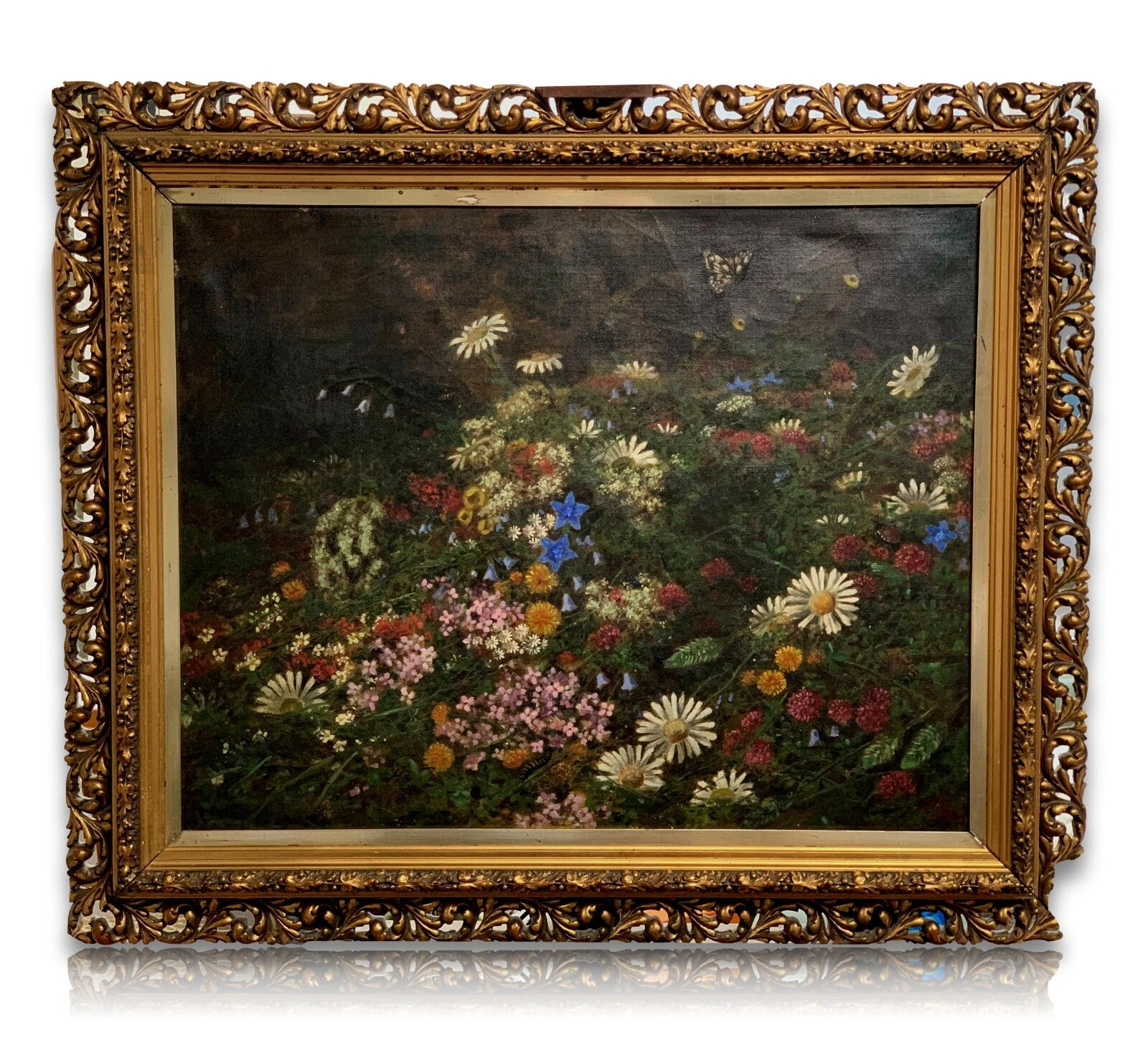 Öl auf Leinwand - Sommerwiese mit Insekten - gerahmt - Holzrahmen geschnitzt0