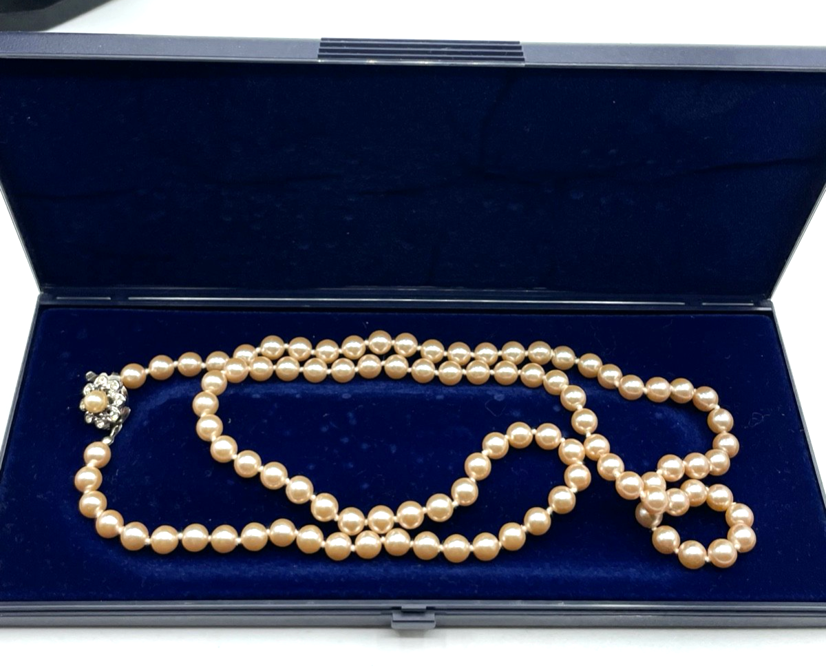 Vintage Tina Harper 68 cm Perlenkette apricot Ø 7,5 mm mit Box Modeschmuck gepfl1