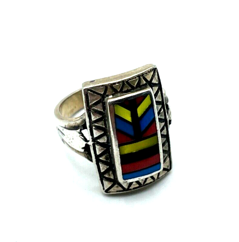 925 Sterling Ring Zuni Indianerschmuck Edelstein Inlay Handarbeit Ø 15 mm RG 473