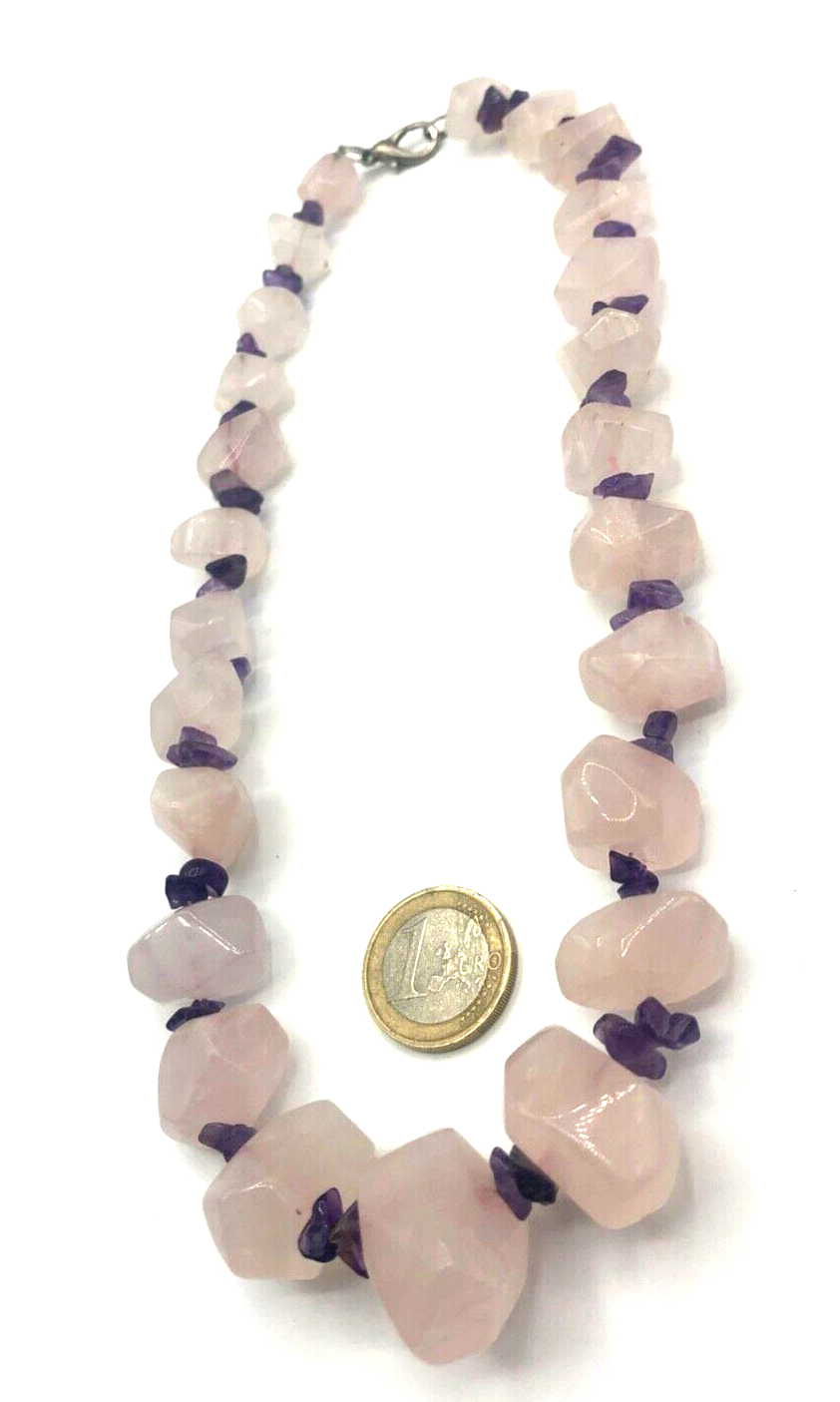 Vintage stattlich Rosenquarz Amethyst Edelstein Nuggets Kette Collier Handarbeit5