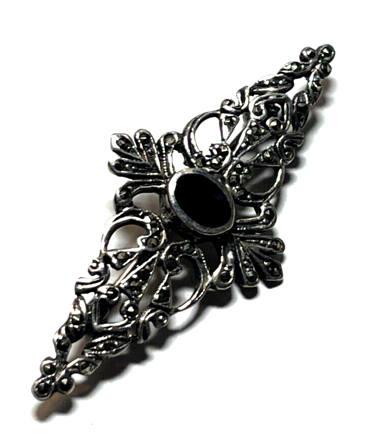925 Sterling Silber Brosche Onyx Markasit im Antikstil Handarbeit apart L 53 mm1
