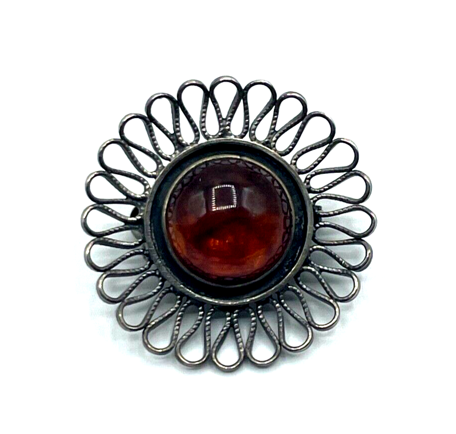 Vintage Silber Brosche Designer Anstecknadel Bernstein Cabochon apartes Modell0