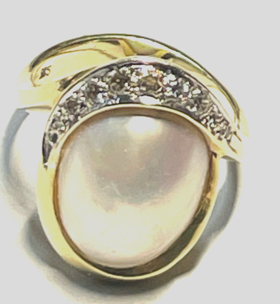 Eleganter 585 Gold 14 K Ring Tahiti Mabé Perle + 10 Diamanten Ø 17,5 mm RG 559