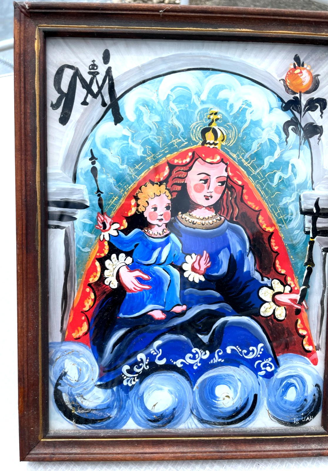 Vintage Hinterglasmalerei Hinterglasbild Maria + Jesuskind Muttergottes gerahmt1