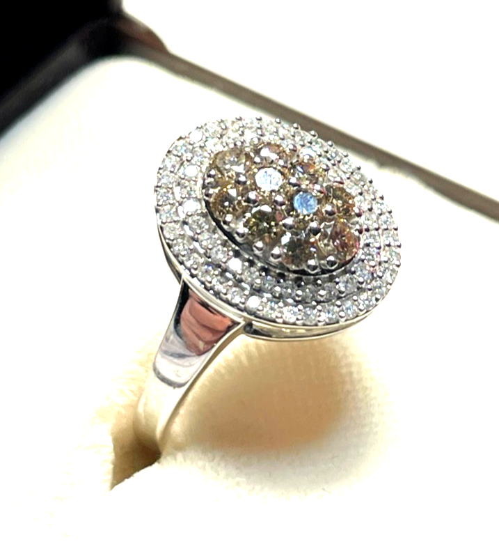 585 Gold 14 K Weißgold Entourage Ring Brillanten 2 farbig Ø 17,8 mm RG 56 gepfl.1