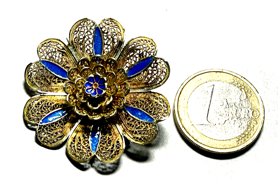 Antik 800 Silber vergoldet Etagen Brosche Blume filigran teils emailliert gepfl.5