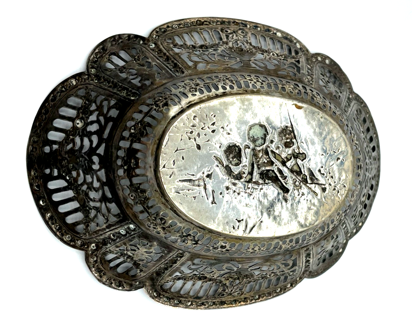 Antik 800 Silber Körbchen Anbietschale Durchbruch Putten Rosen Dekor L 21,2 cm7