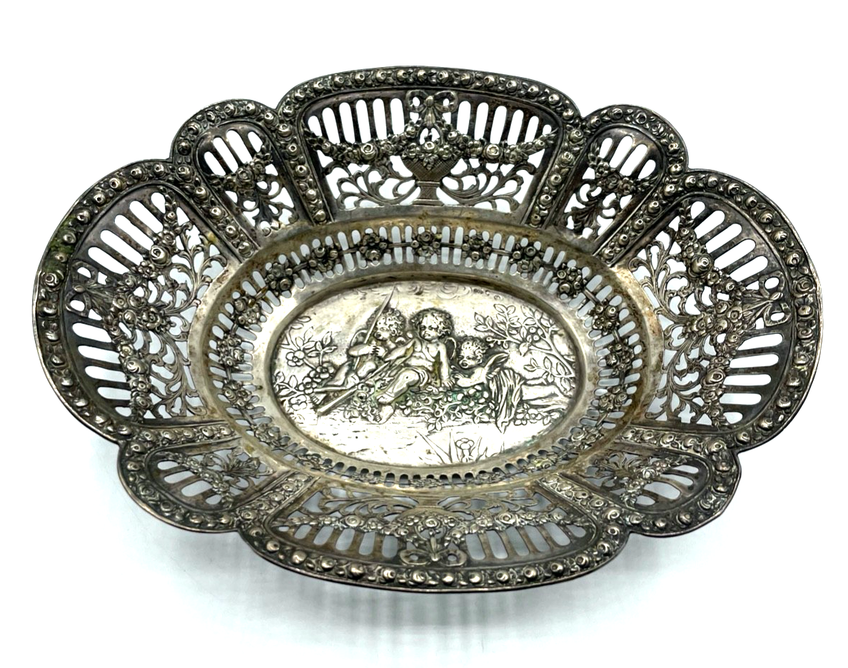 Antik 800 Silber Körbchen Anbietschale Durchbruch Putten Rosen Dekor L 21,2 cm0