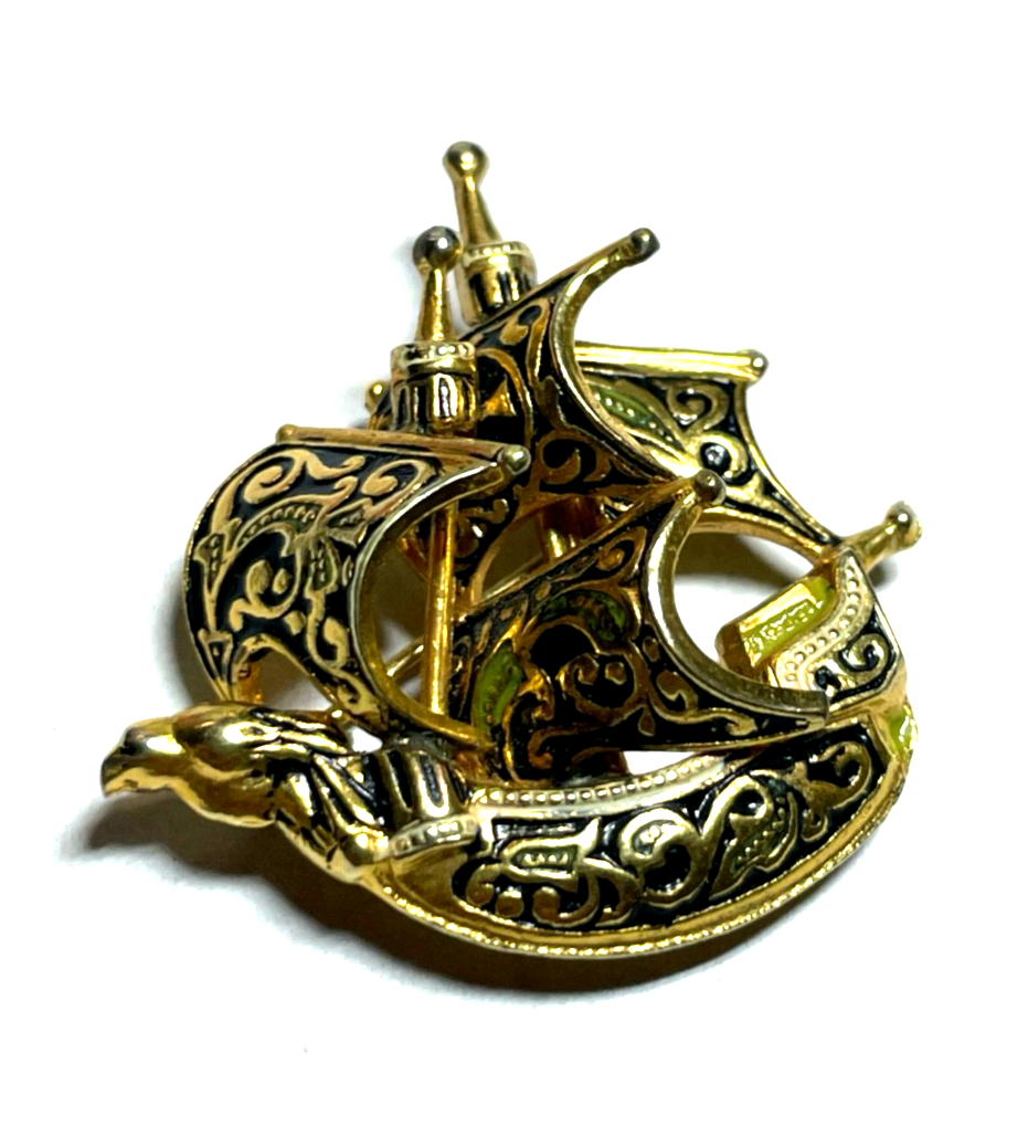 Vintage Toledo Brosche  Anstecknadel Schiff  Damaszener Handarbeit vergoldet rar1